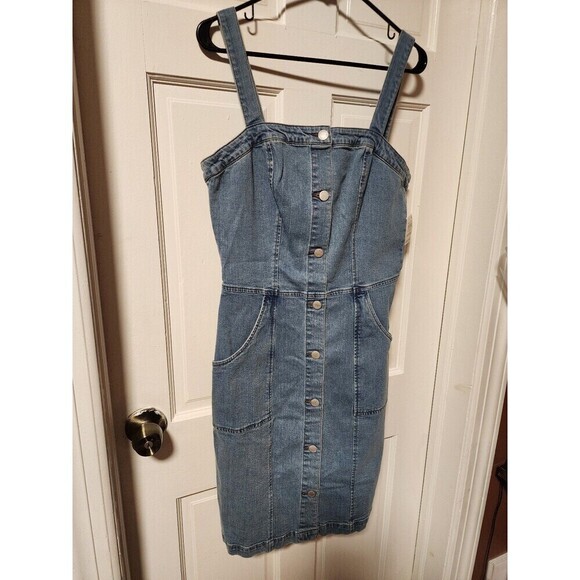 On 34th Women's Denim Pinafore Button-Adjustable Straps Dress Medium - Picture 2 of 8